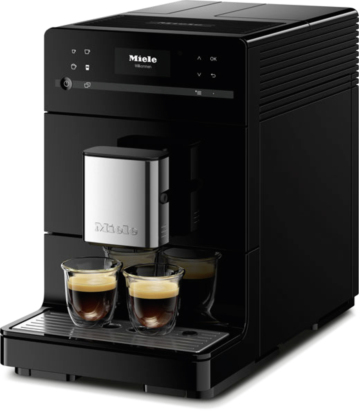 Black espresso machine with three glass cups under the spout and a metallic front panel, brewing coffee.