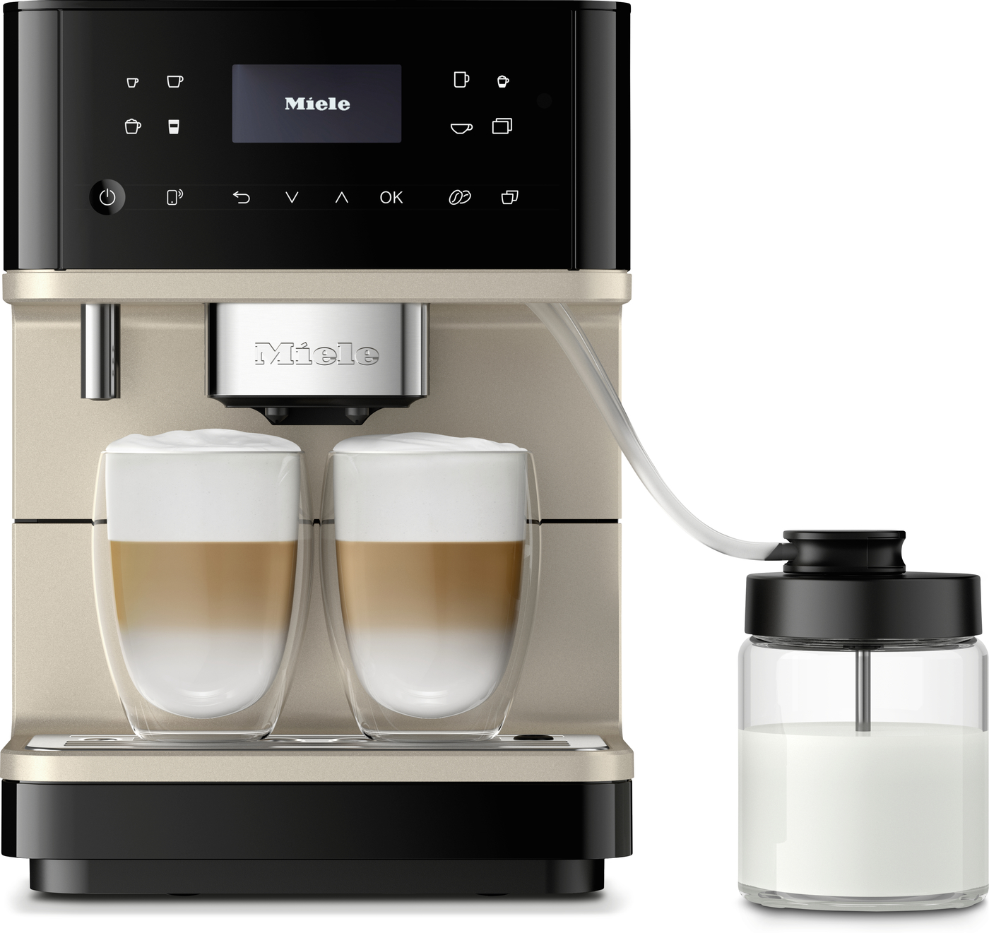 Miele coffee machine with two glass milk cups and a milk reservoir attached by hose.