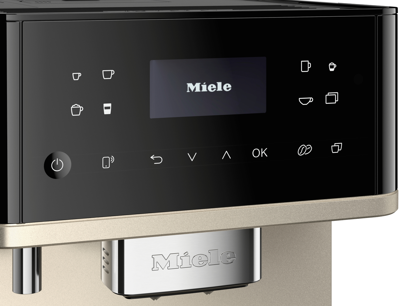 Glossy black Miele control panel with cup icons, a central display showing 'Miele', and a round power button on the left.