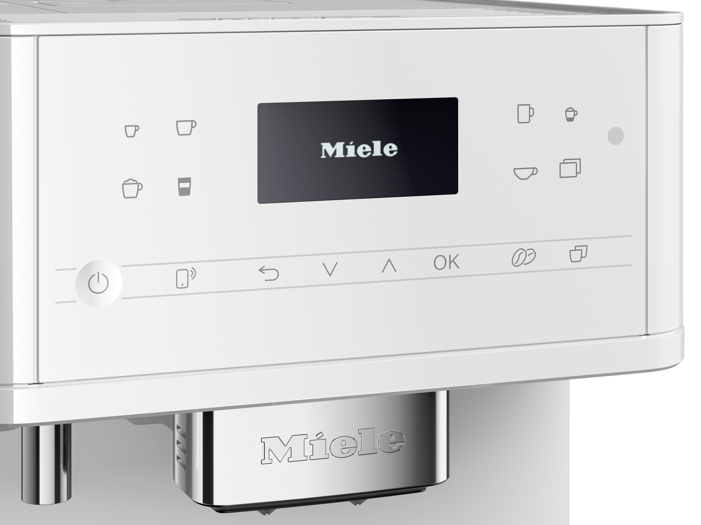 Front panel of a white Miele espresso machine with a black display screen and touch-icons showing cup, milk, and cup size options.