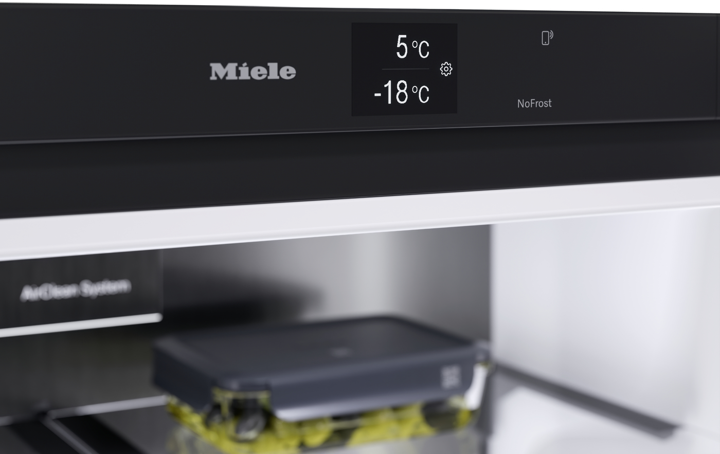 Miele refrigerator control panel showing 5°C and -18°C with NoFrost indicator.