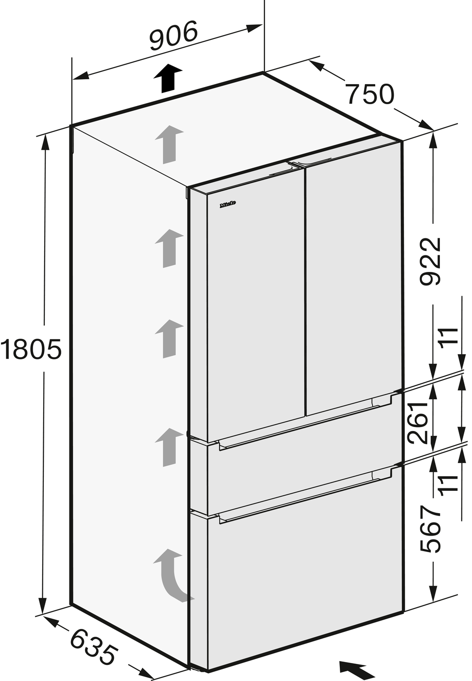 Isometric drawing of a tall four‑compartment refrigerator with two upper doors and two lower drawers, showing dimension callouts: height 1805 mm, width 635 mm, depth 750 mm, and internal shelf/compartment divisions.