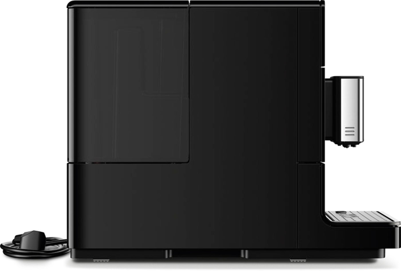 Black side‑loading espresso machine with a silver lever on the right and a built‑in drip tray, cord coiled nearby.