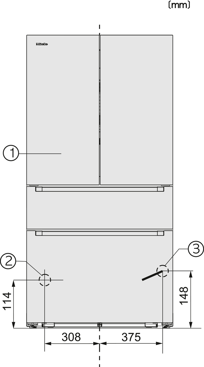 Front view of a tall refrigerator with two top doors and two bottom drawers; measurements shown in mm (308 mm left segment, 375 mm right segment, total width 683 mm).