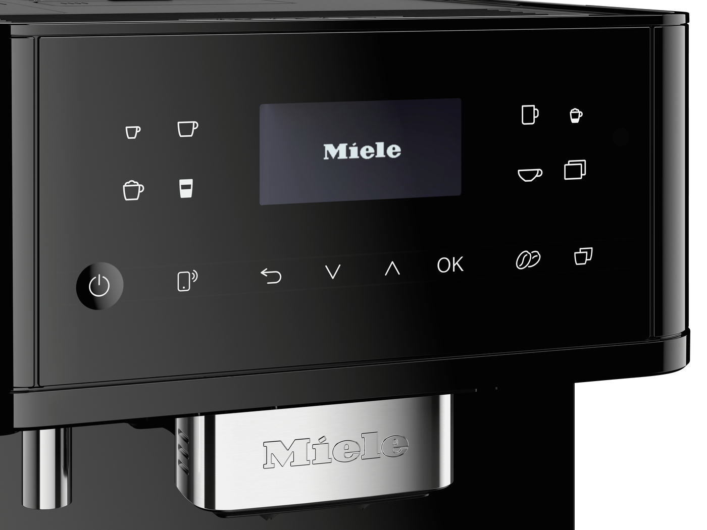 Miele espresso machine control panel with a centered display reading 'Miele' and cup icons around it (informational image).