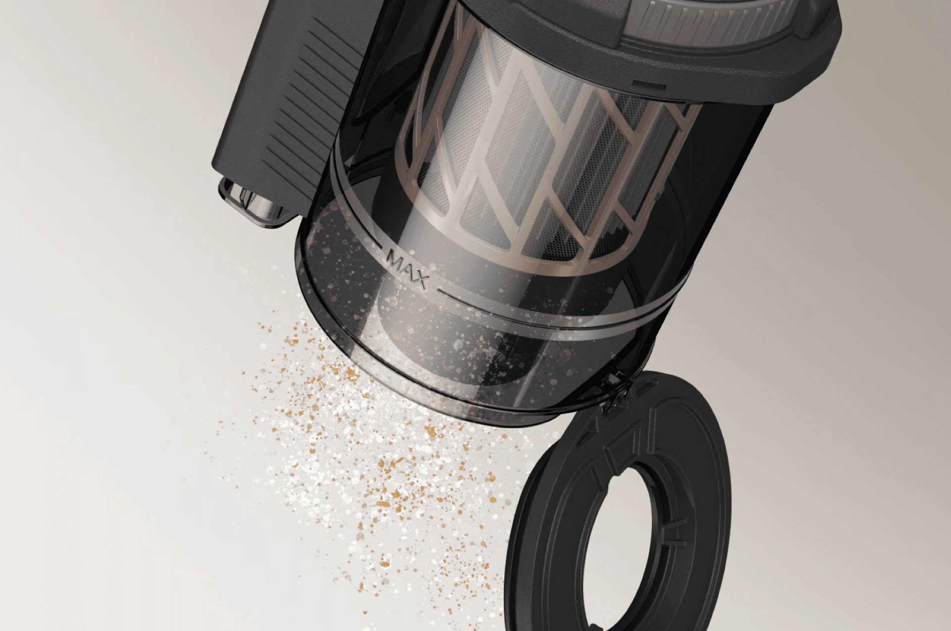 Close-up of a vacuum cleaner filter releasing dust particles as debris escapes.