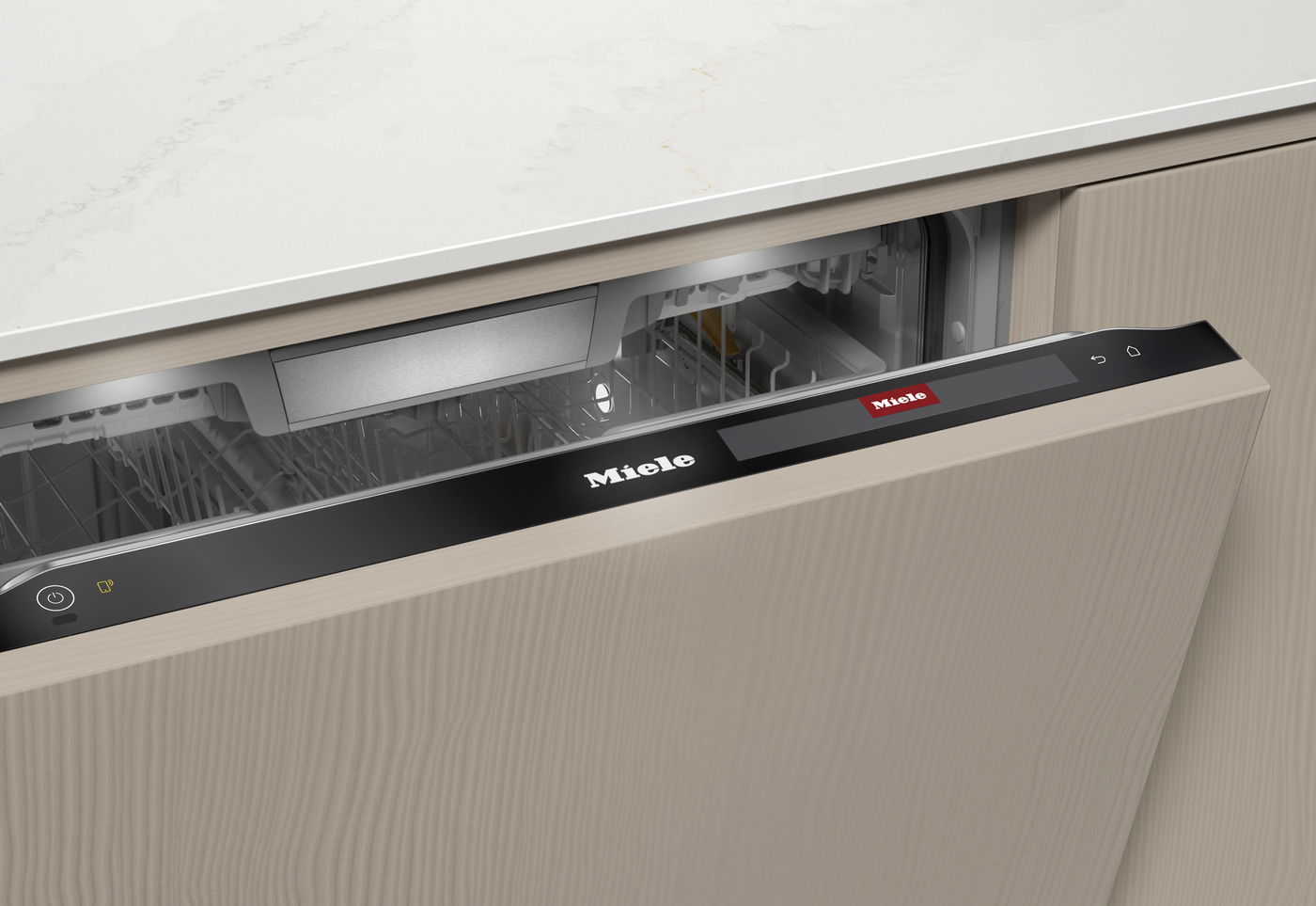 Built-in Miele dishwasher drawer with door slightly open, showing racks inside and a wood kitchen paneling exterior
