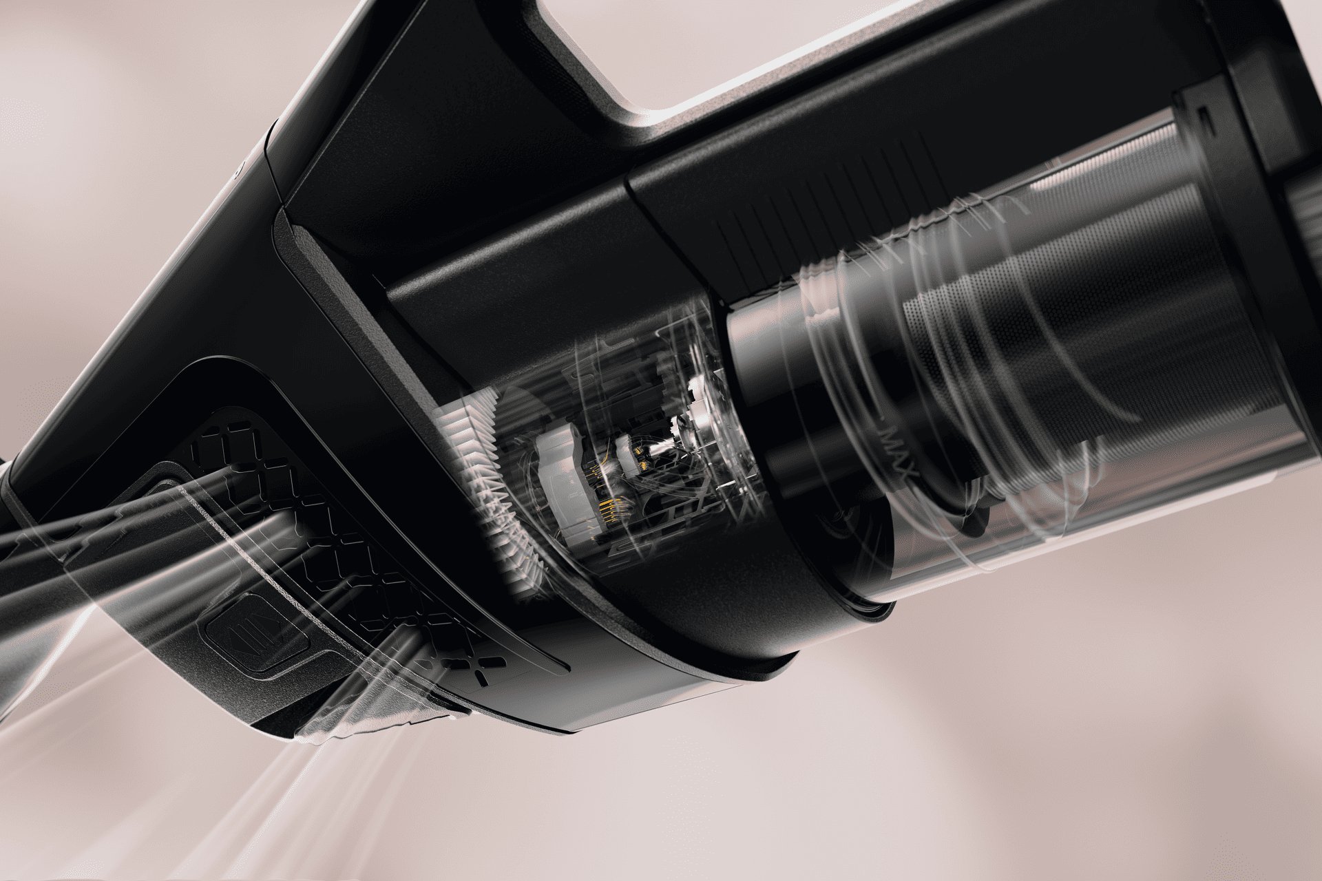 Close-up of a black handheld device showing its internal roller and gears inside a transparent housing