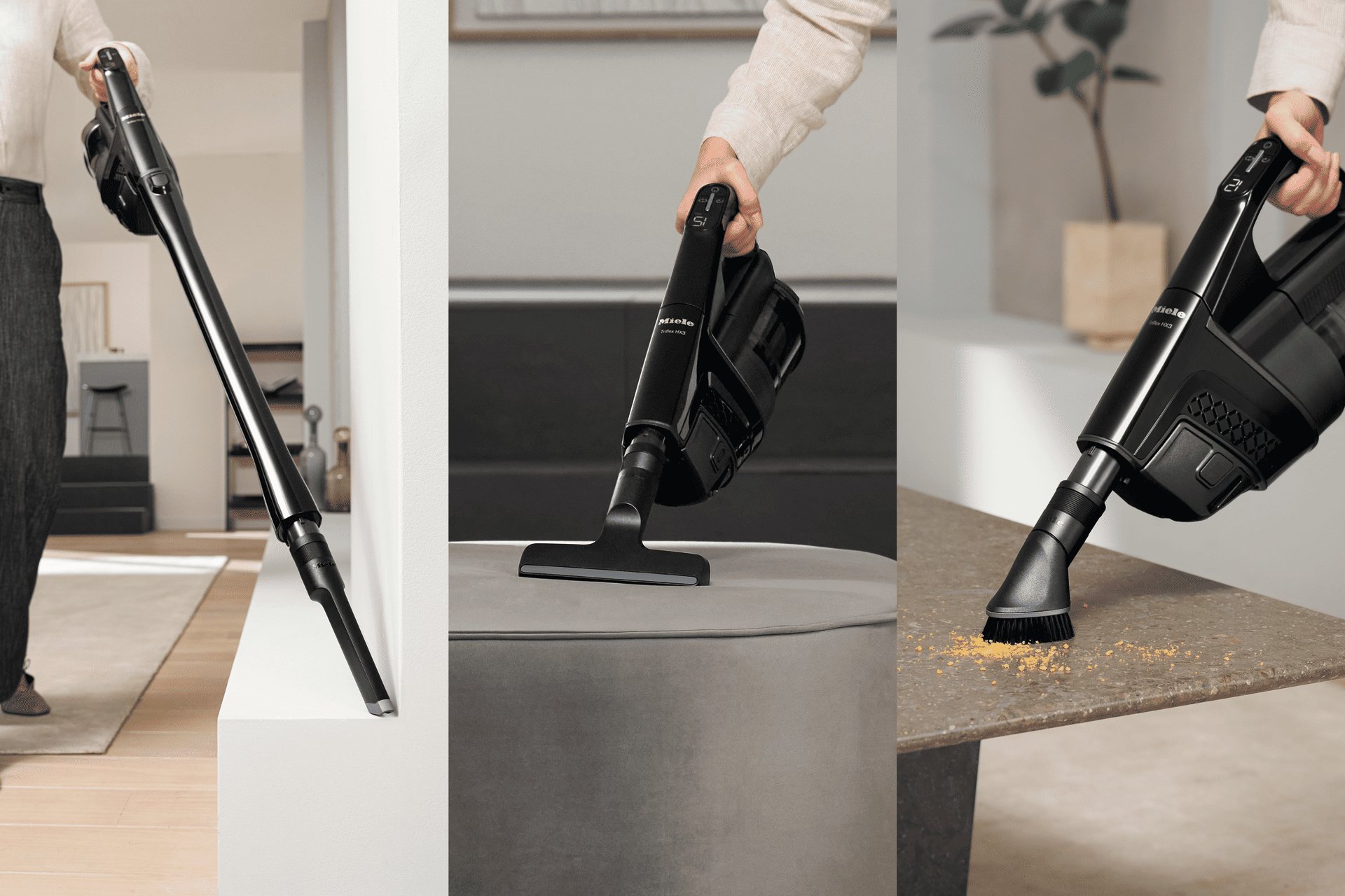 Collage of a Miele cordless vacuum shown in three configurations: wand with floor head, handheld unit, and brush head on a kitchen counter.
