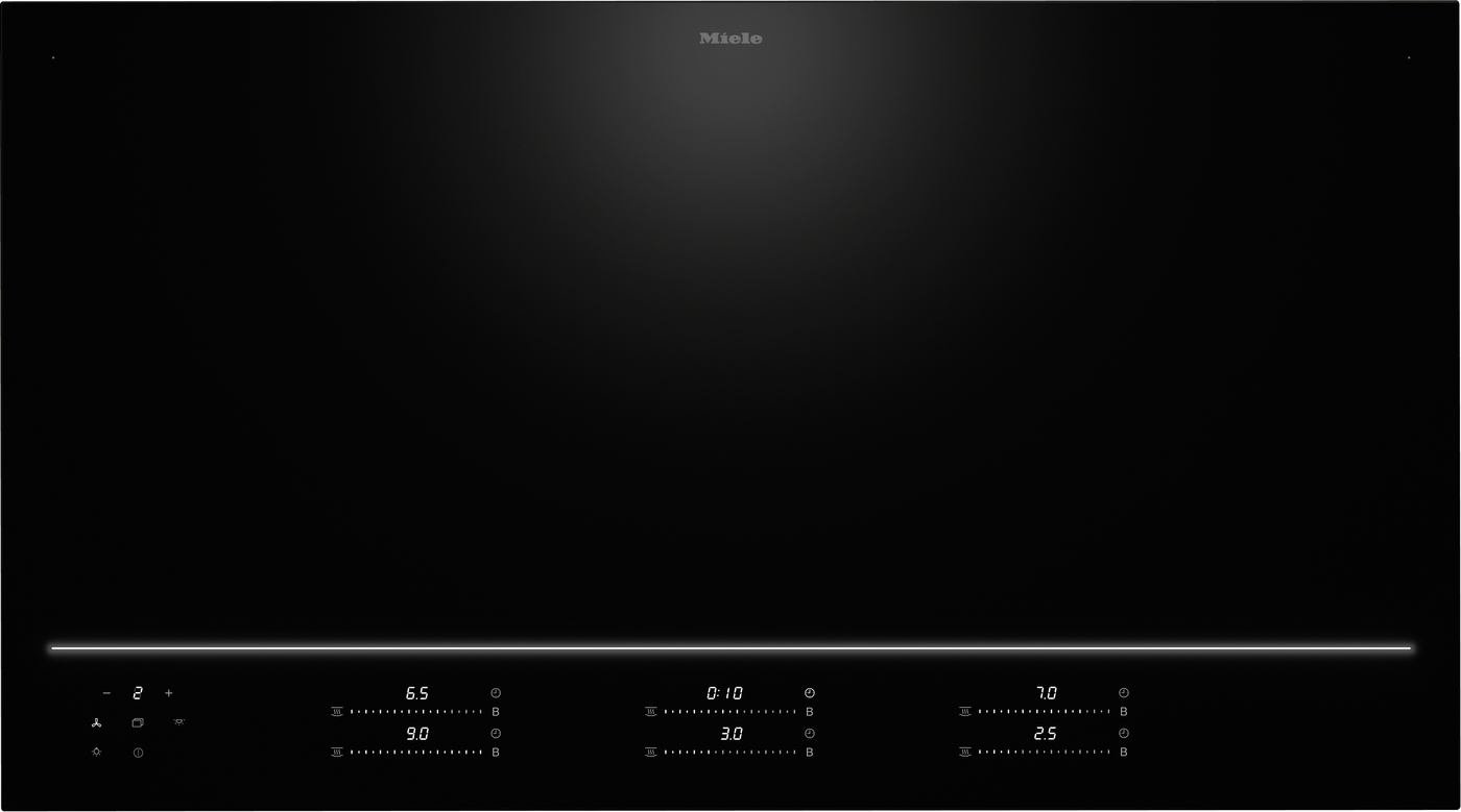 Miele black glass cooktop with a glowing white control bar along the bottom edge and touch controls beneath it.