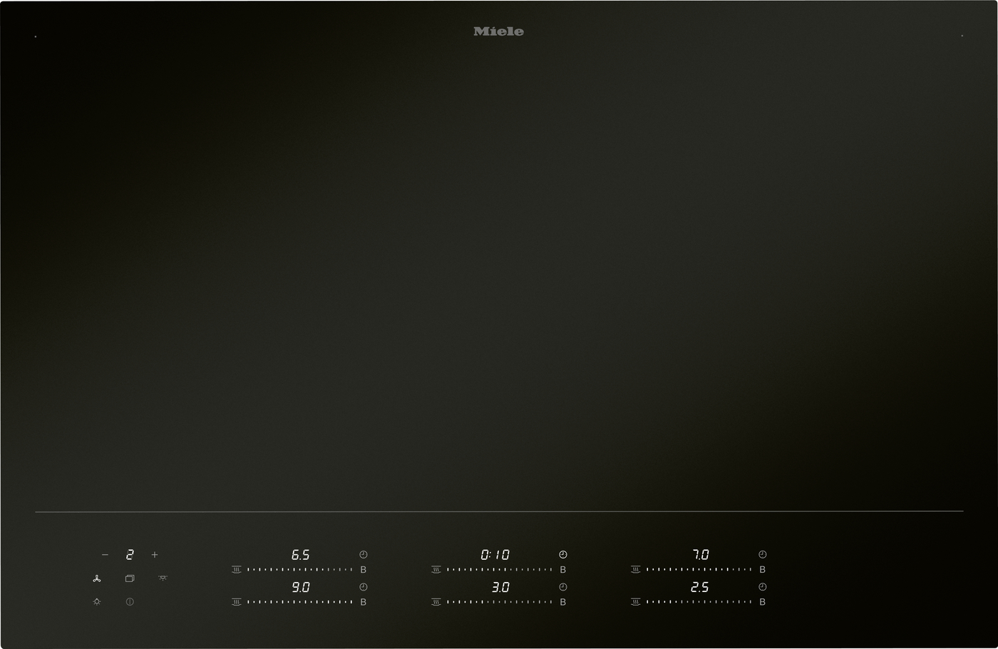 Sleek black Miele induction cooktop with a minimalist control strip along the bottom edge and subtle illuminated numbers.