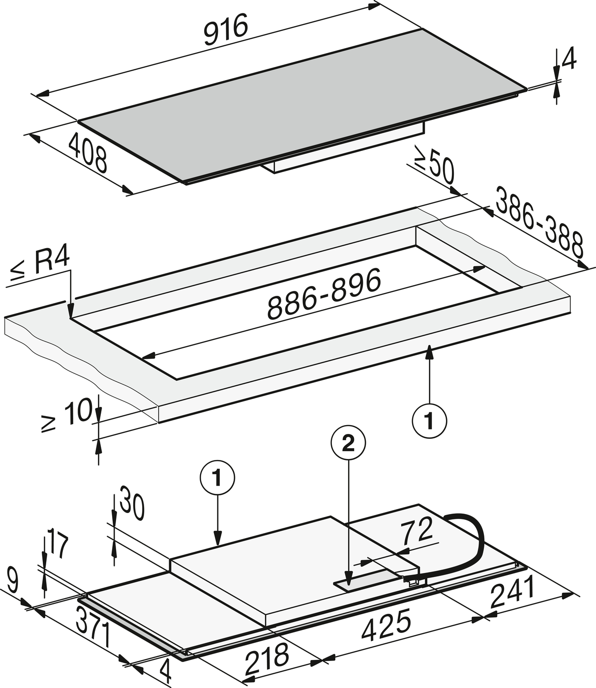 Exploded view of a rectangular enclosure with a top panel and base frame, showing overall dimensions and clearances for assembly.