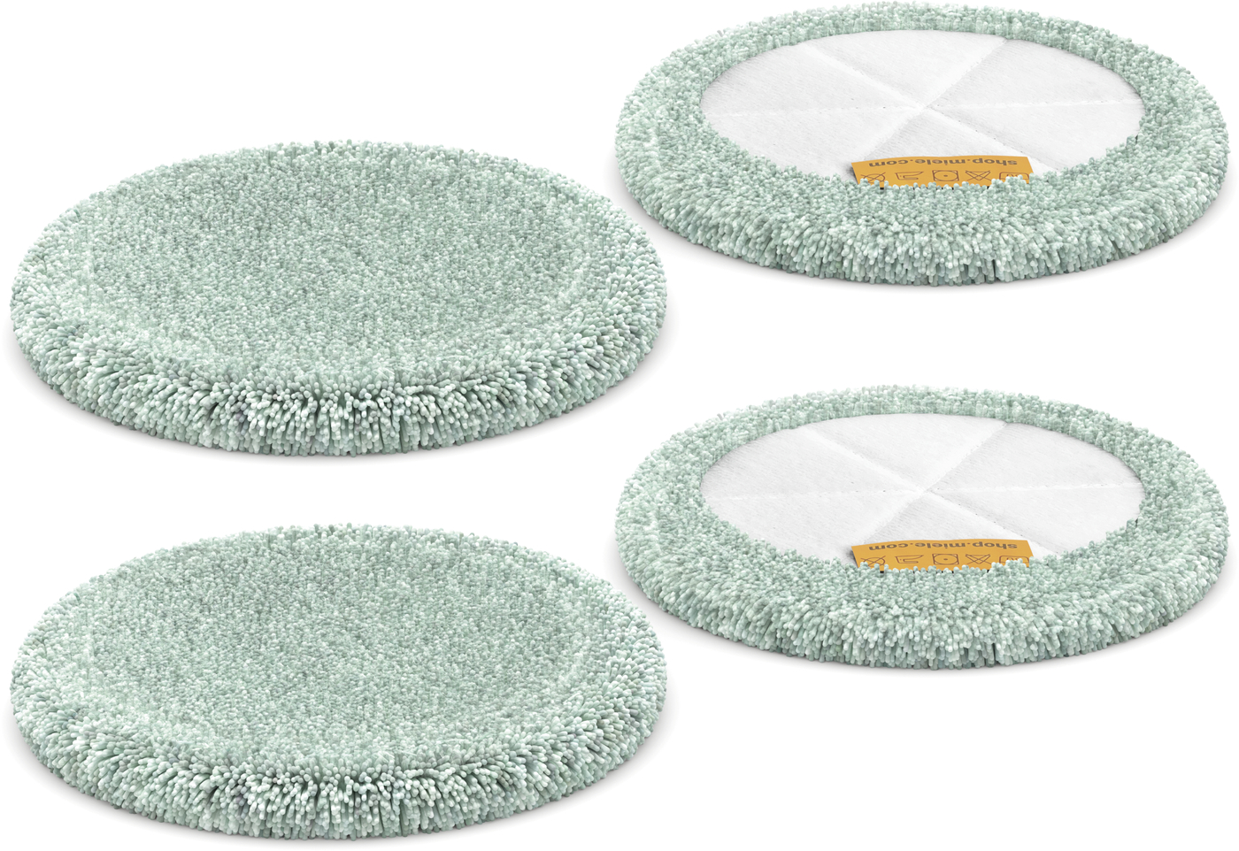 Set of four mint green circular microfiber mop pads for a spin mop with white backing in the center.