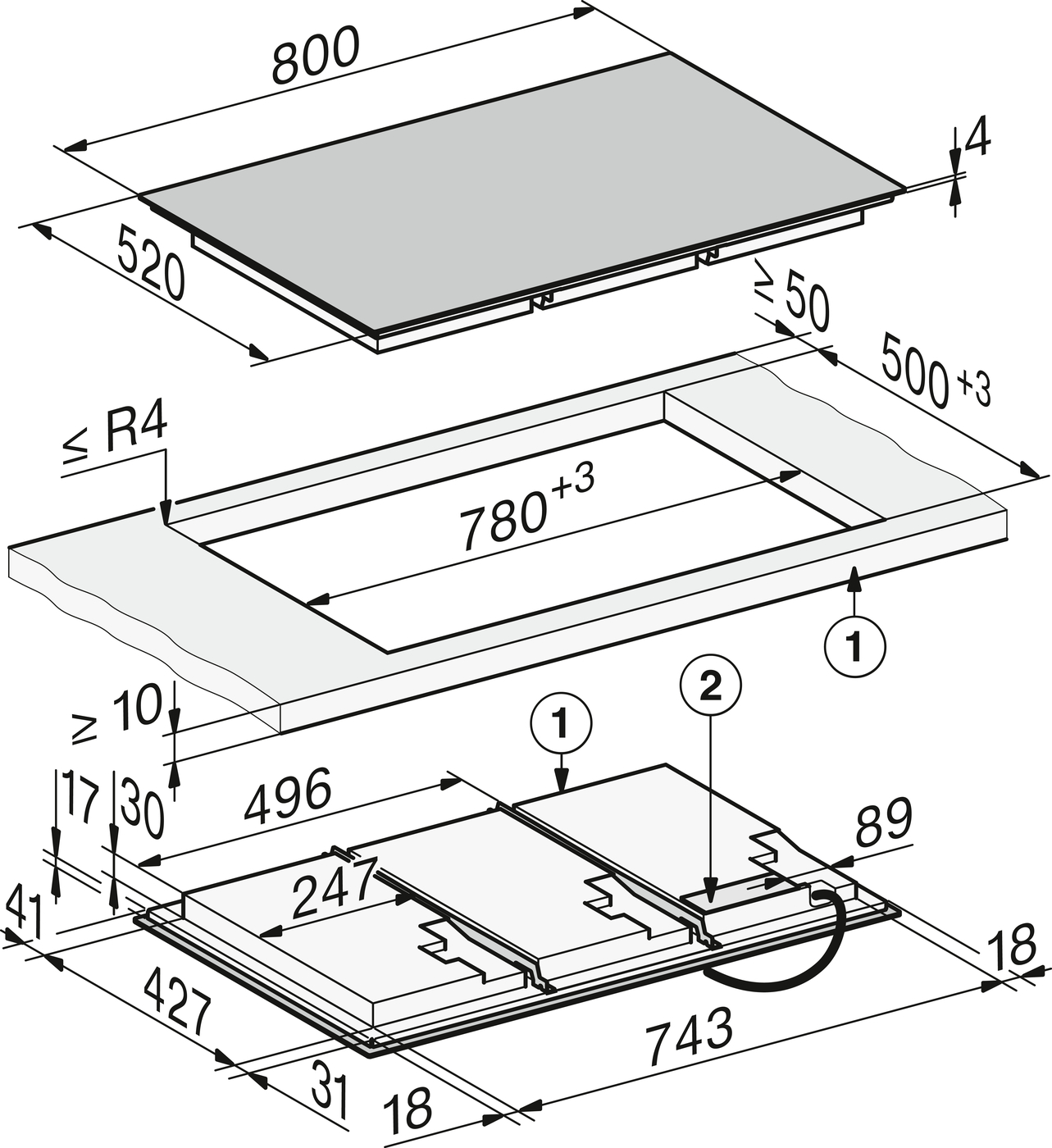 Exploded isometric diagram of a rectangular platform assembly: top plate (800×520 mm, 4 mm thick) above a lower frame (780×500 mm) with a lip and mounting features.