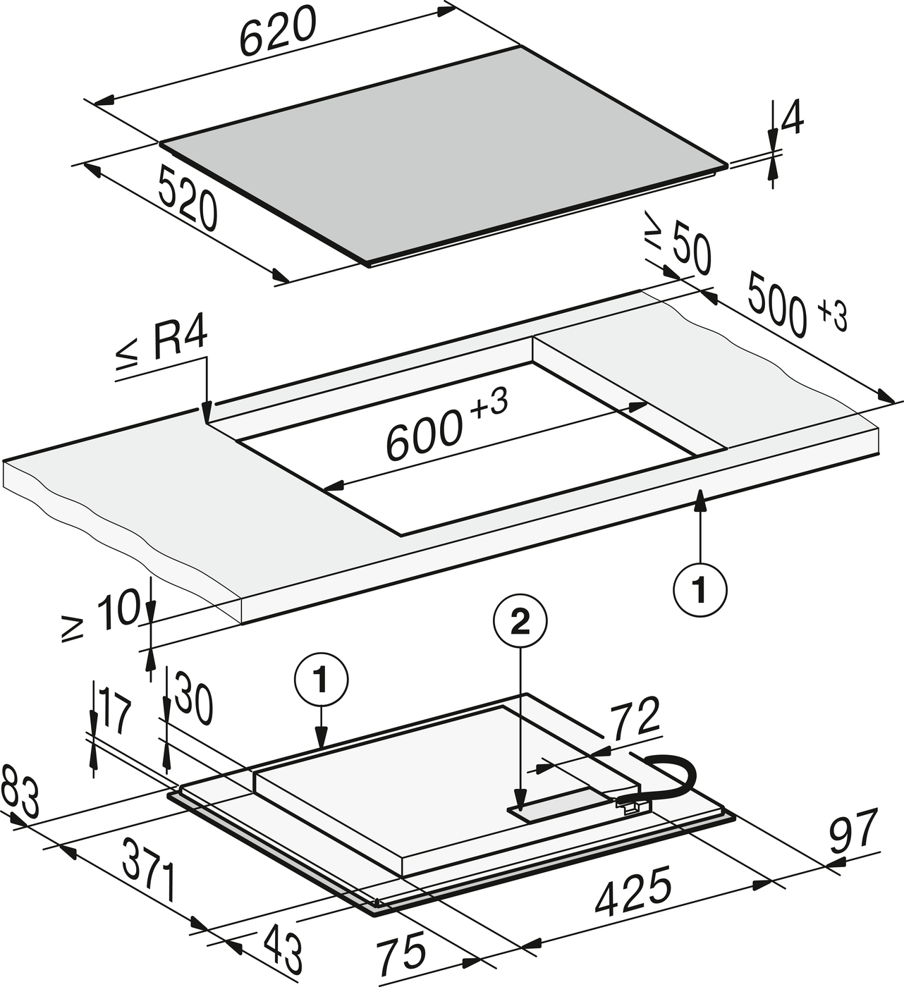 Exploded isometric view of a rectangular panel assembly with dimensions: top plate 620 by 520, base opening 600 by 500, with radii and thickness indicated.