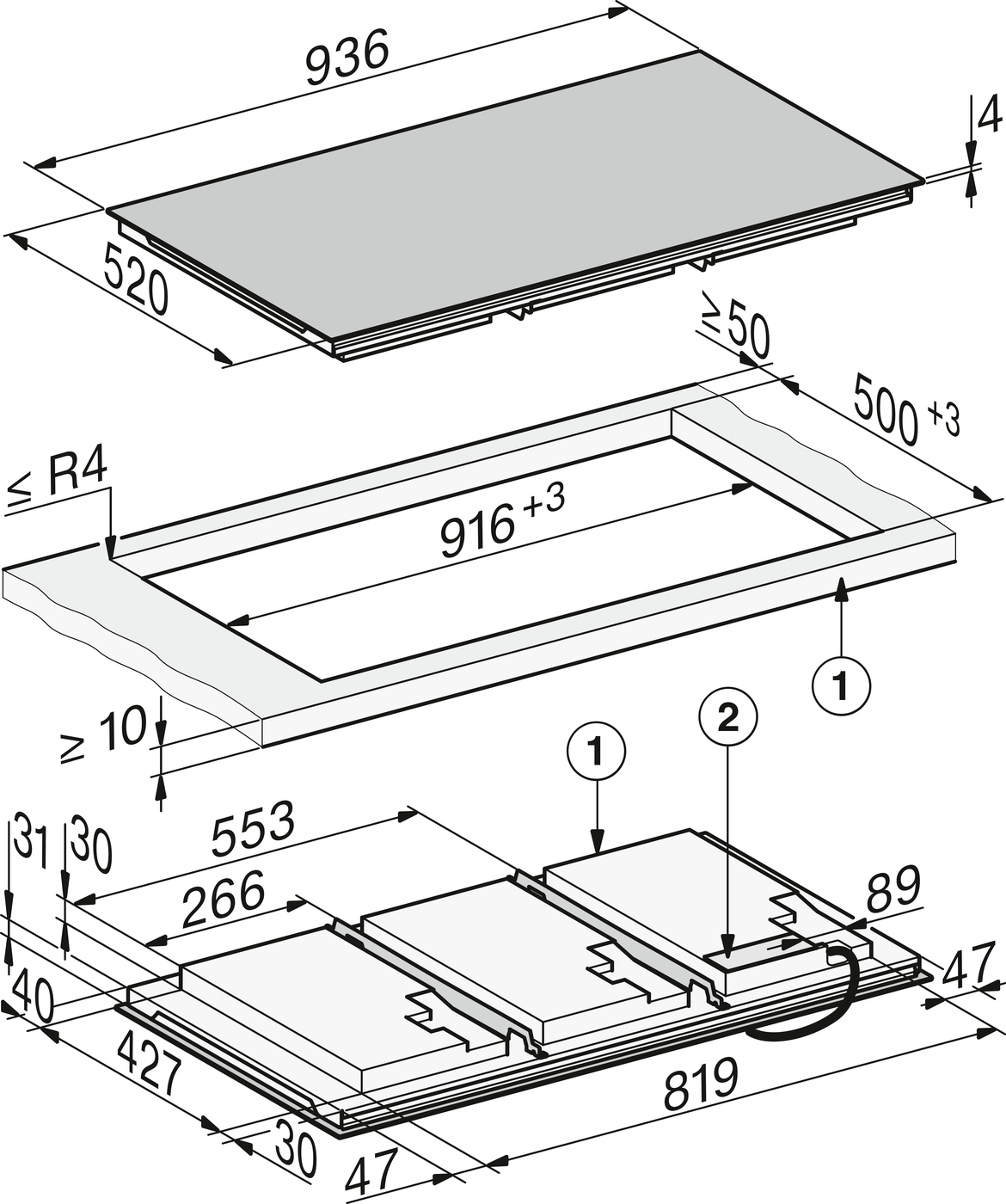 Exploded isometric of a panel assembly with a top plate, inner rails, and bottom frame, showing multiple millimeter dimensions.