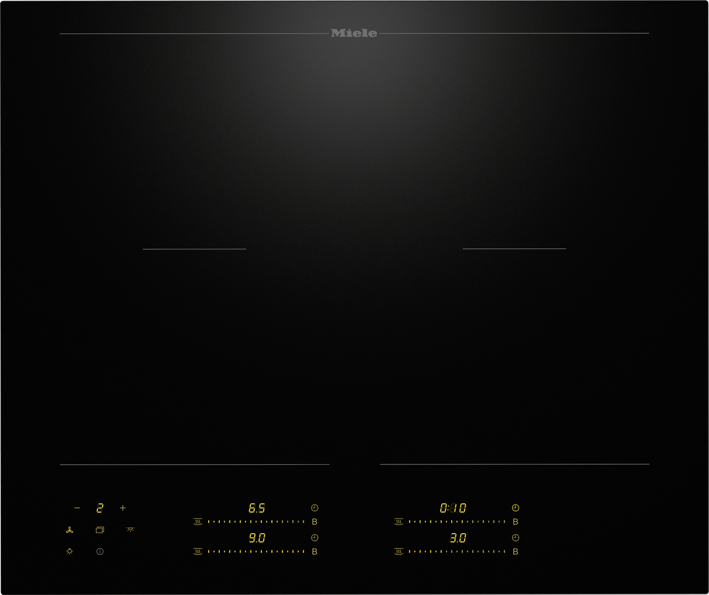 Miele induction cooktop with two cooking zones and yellow control readouts at the bottom of the glass surface