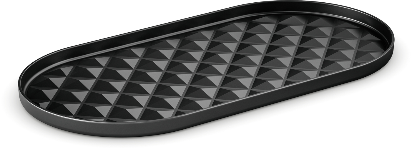 Black oval serving tray with a raised edge and a textured diamond pattern inside.