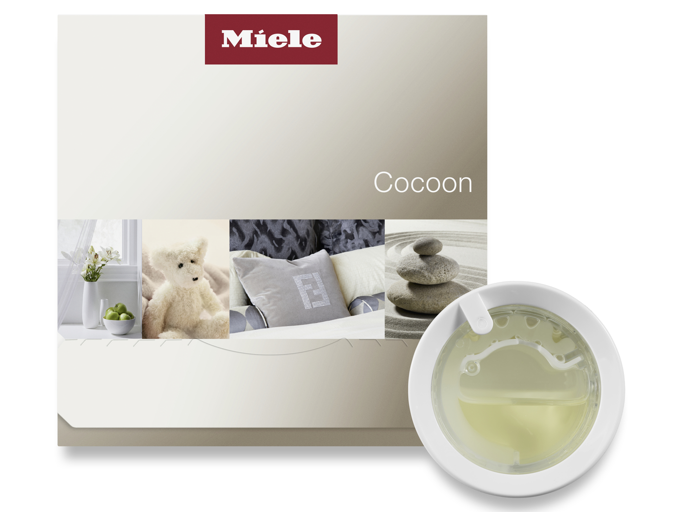 Miele Cocoon product box with a collage of home decor images and a white circular appliance part in front