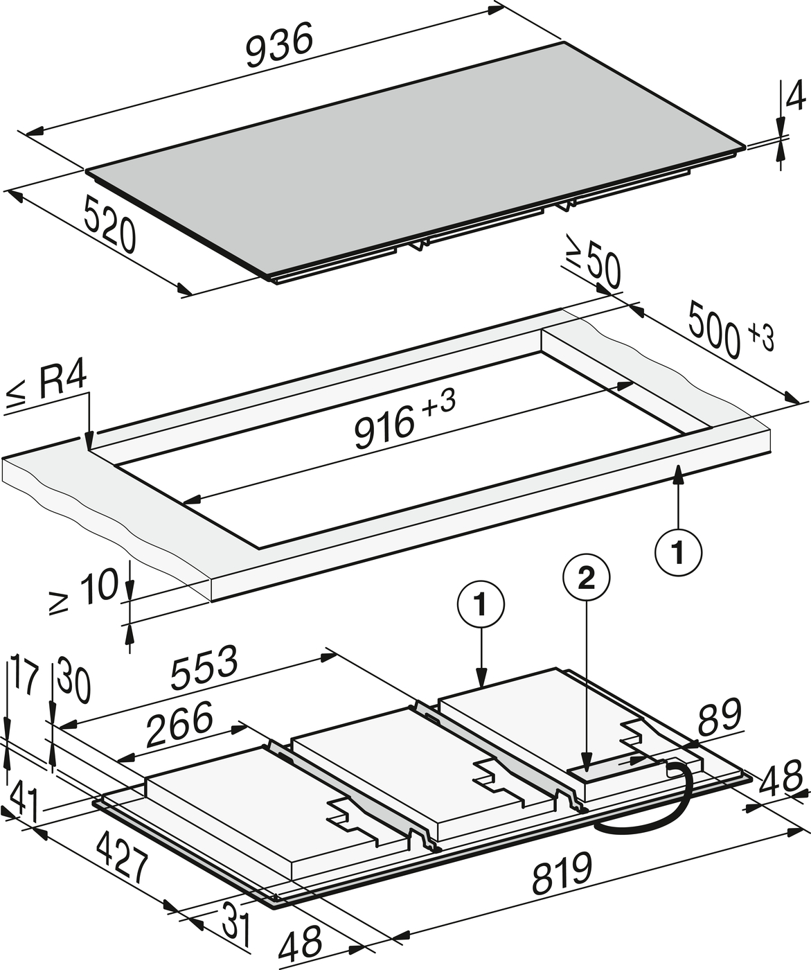 Exploded view of a cabinet drawer: top panel separates from the drawer frame and base with multiple dimension labels and callouts.