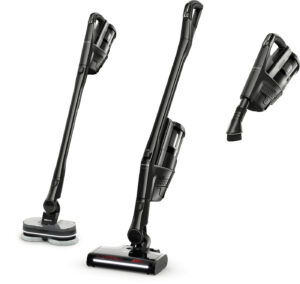 Three black Miele cordless vacuum cleaners shown at different angles against a white background, highlighting their slim sticks and attachments (floor, handheld, and powered head).