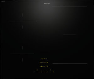 Miele induction cooktop with touch controls and yellow digital readouts on a dark surface