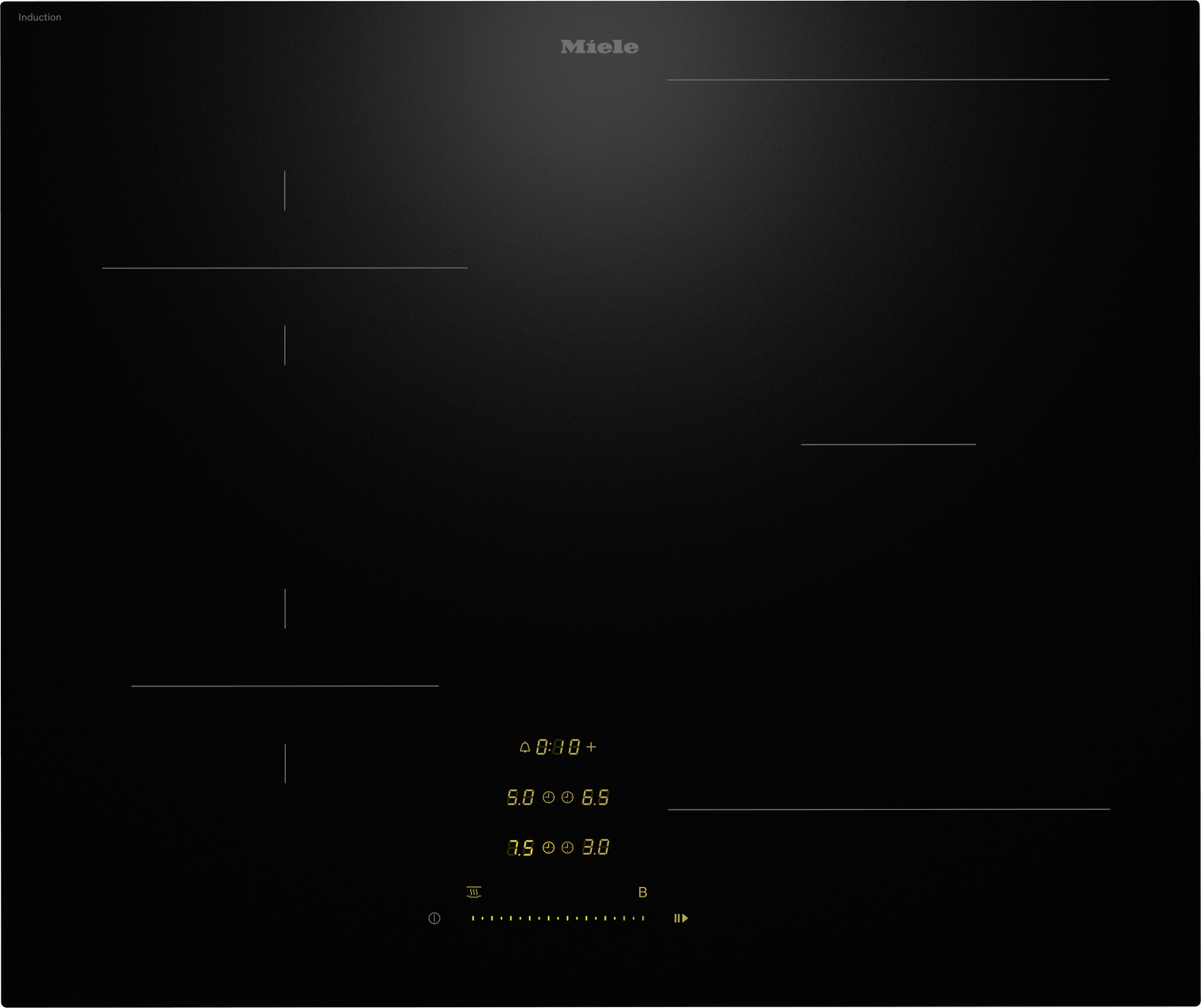 Miele induction cooktop with touch controls and yellow digital readouts on a dark surface