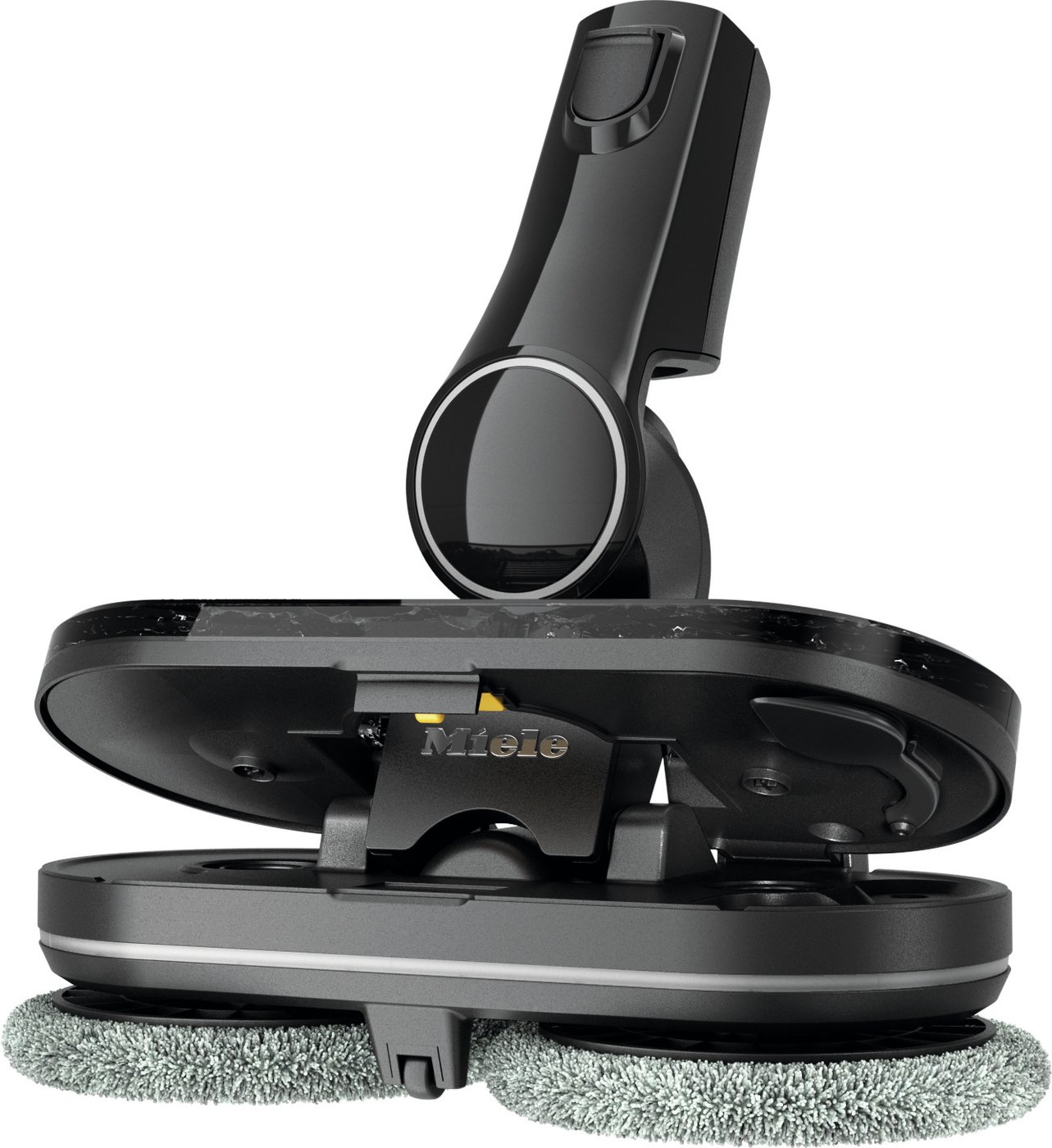 Miele robotic floor cleaner base with circular microfiber mop pad attached.
