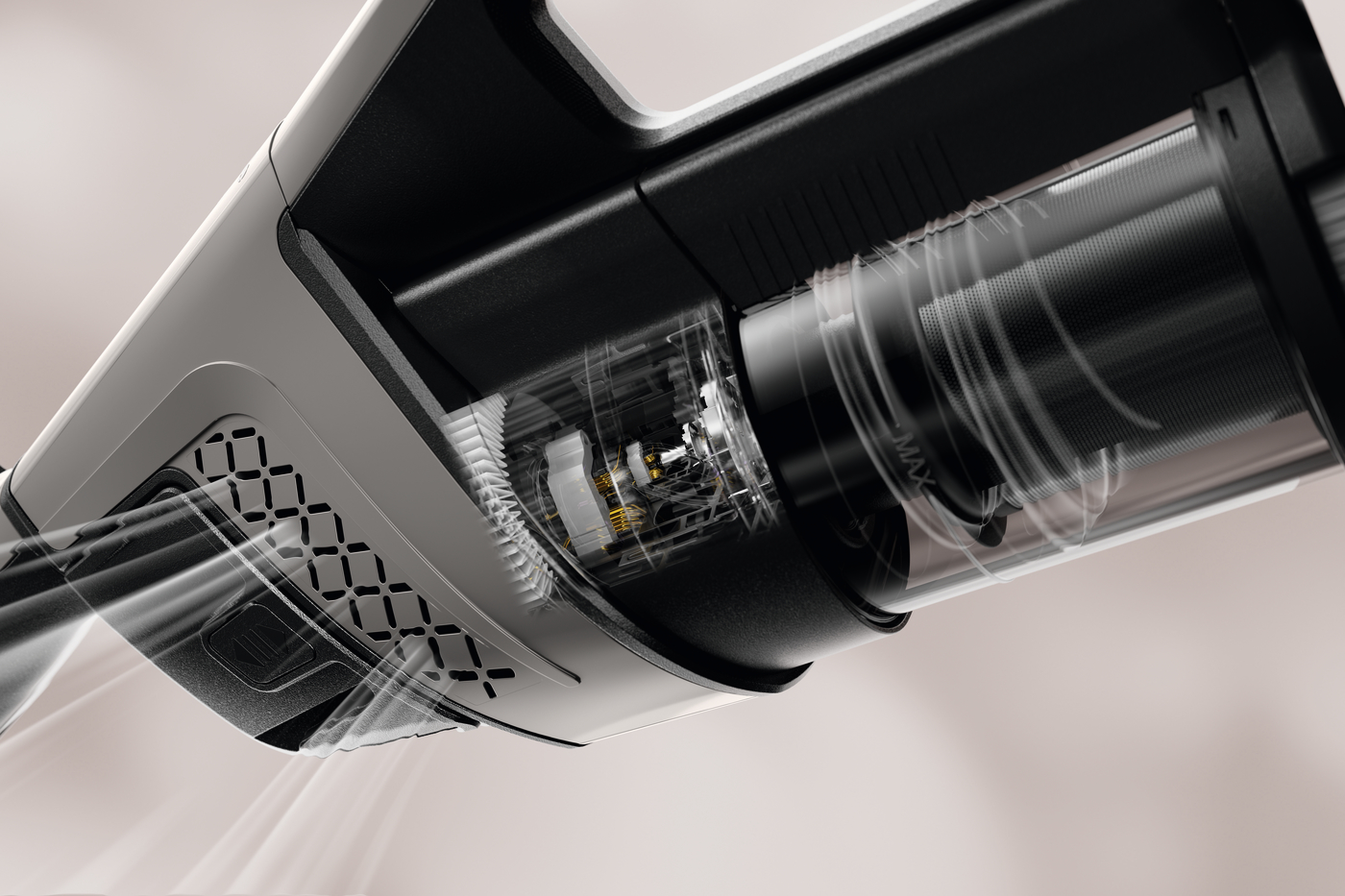 Close-up of a cordless vacuum cleaner head showing a rotating brush and transparent housing.