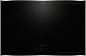 Miele induction cooktop with black glass surface, slim burner indicators, and brand logo at the top center.