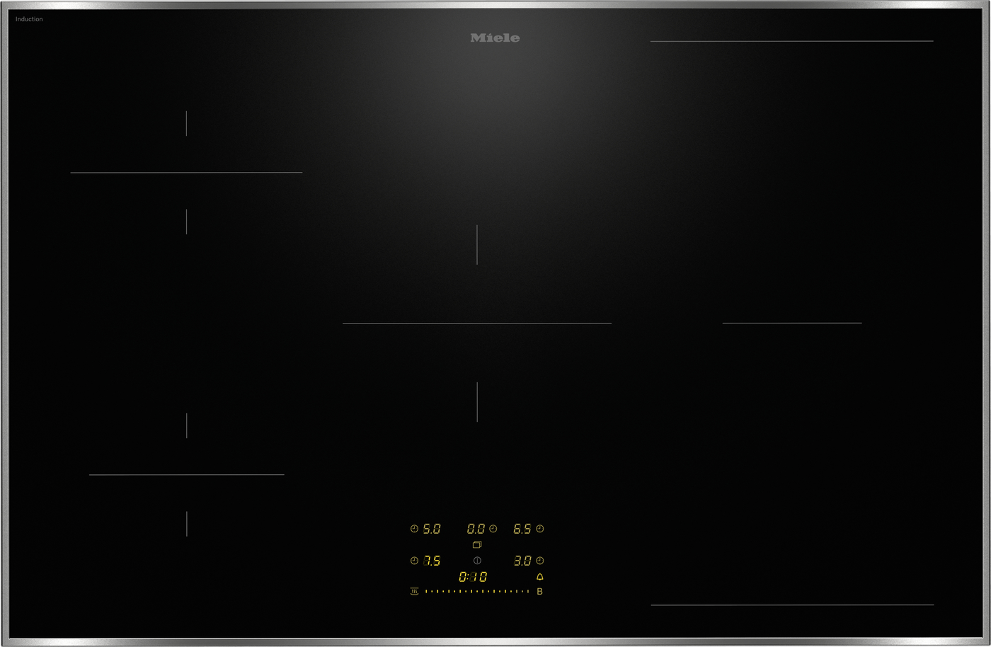 Miele induction cooktop with black glass surface, slim burner indicators, and brand logo at the top center.