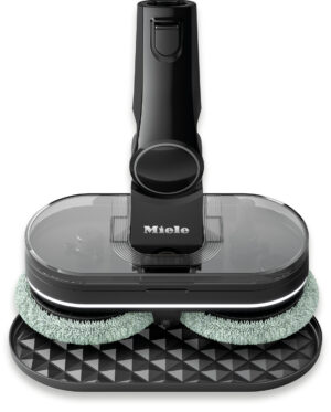 Miele floor cleaning device with a base and two turquoise microfiber rotating pads ready for cleaning