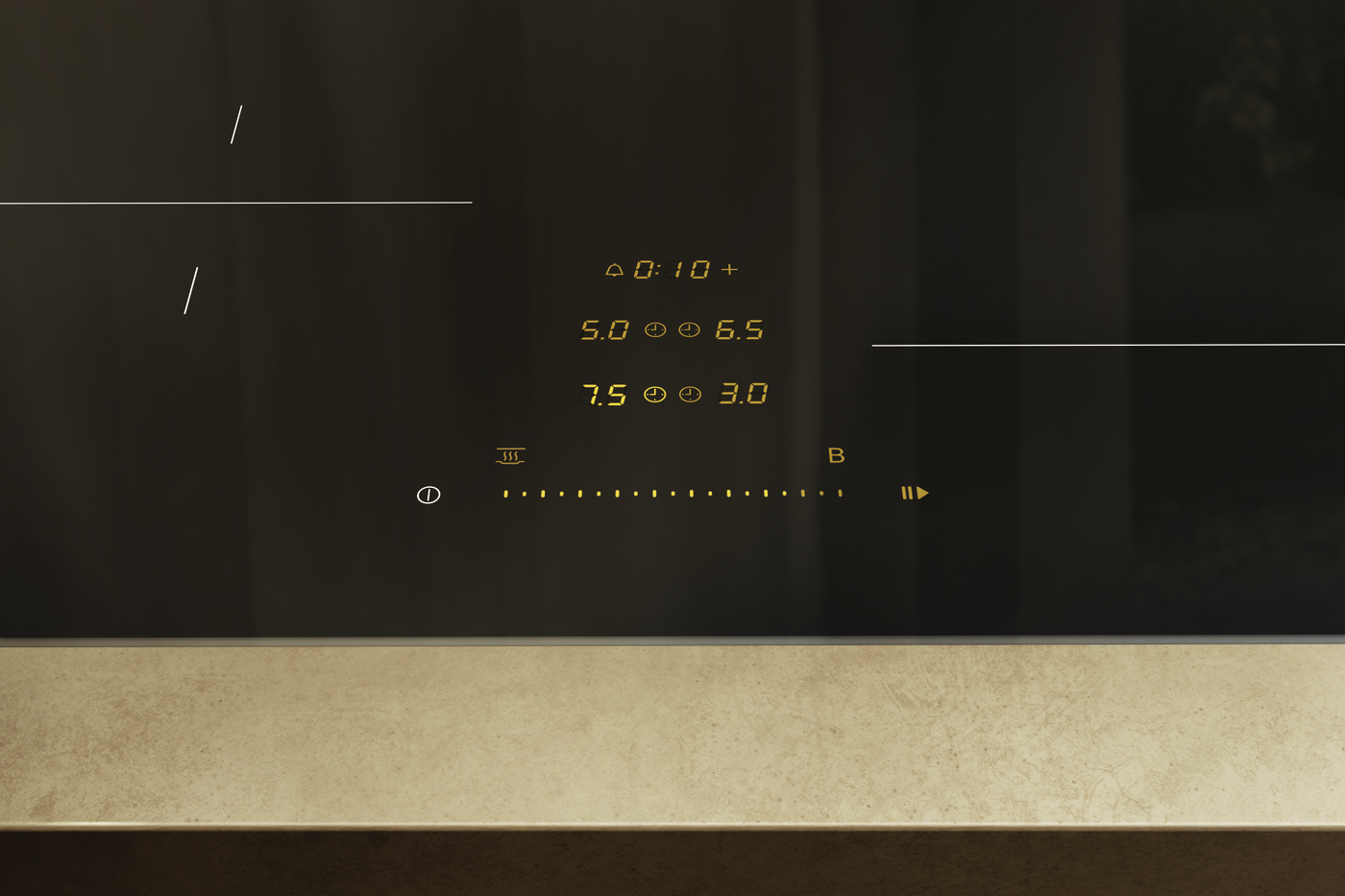 Induction cooktop control panel with amber digital readouts (0:10+, 5.0 → 6.5, 7.5 → 3.0) on a dark surface and a beige countertop below.