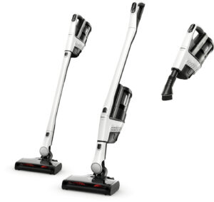 Three white Miele cordless vacuum cleaners shown in different positions with motorized floor heads, against a white background.