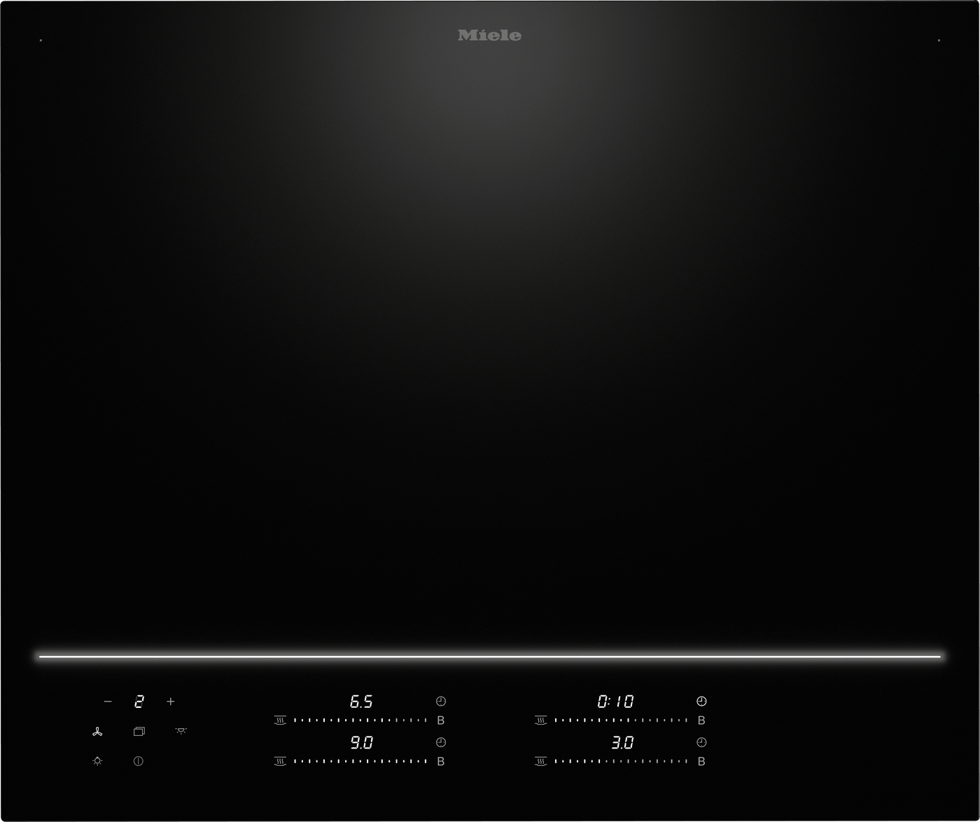 Top‑view of a black Miele induction cooktop with a glowing horizontal control line and illuminated digital controls along the bottom edge.