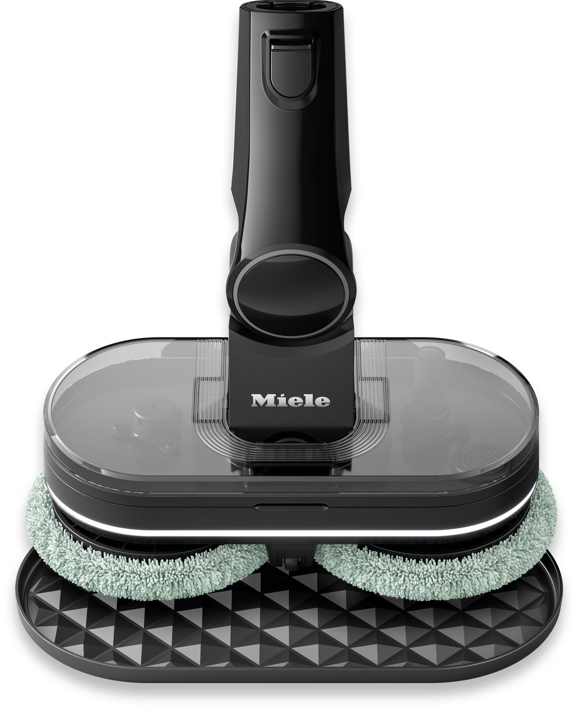 Miele cordless floor cleaning head with teal rotating microfiber pads mounted on a black base.