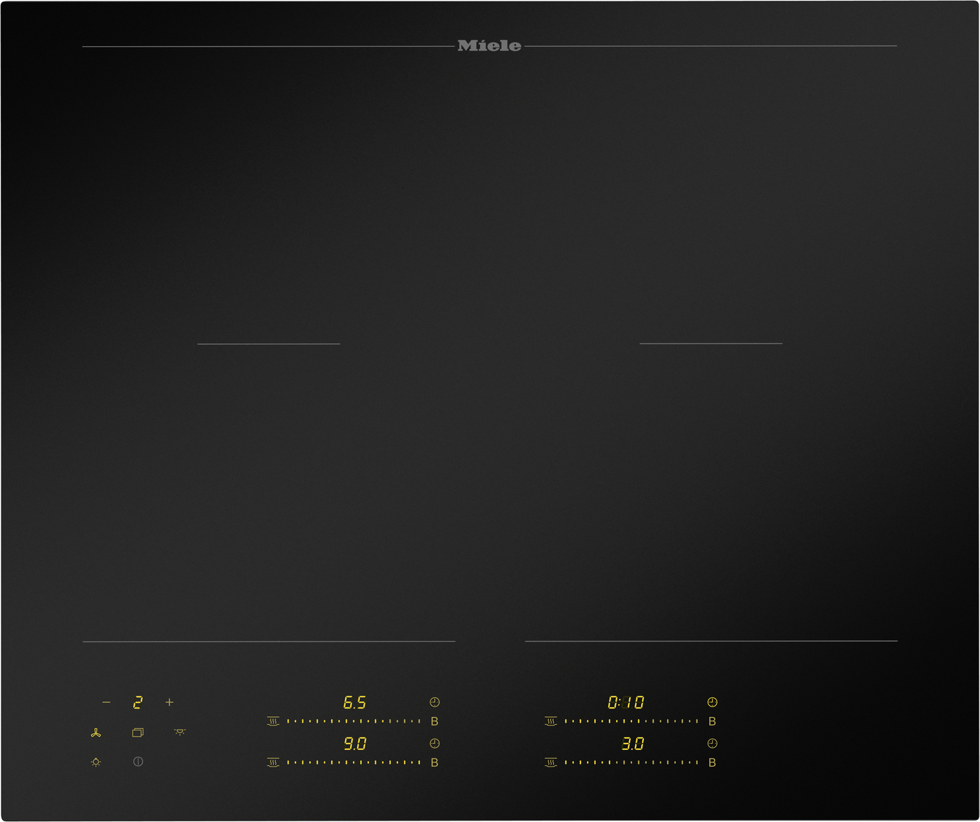 Miele black glass induction cooktop with four touch controls and yellow digital readouts at bottom façade.