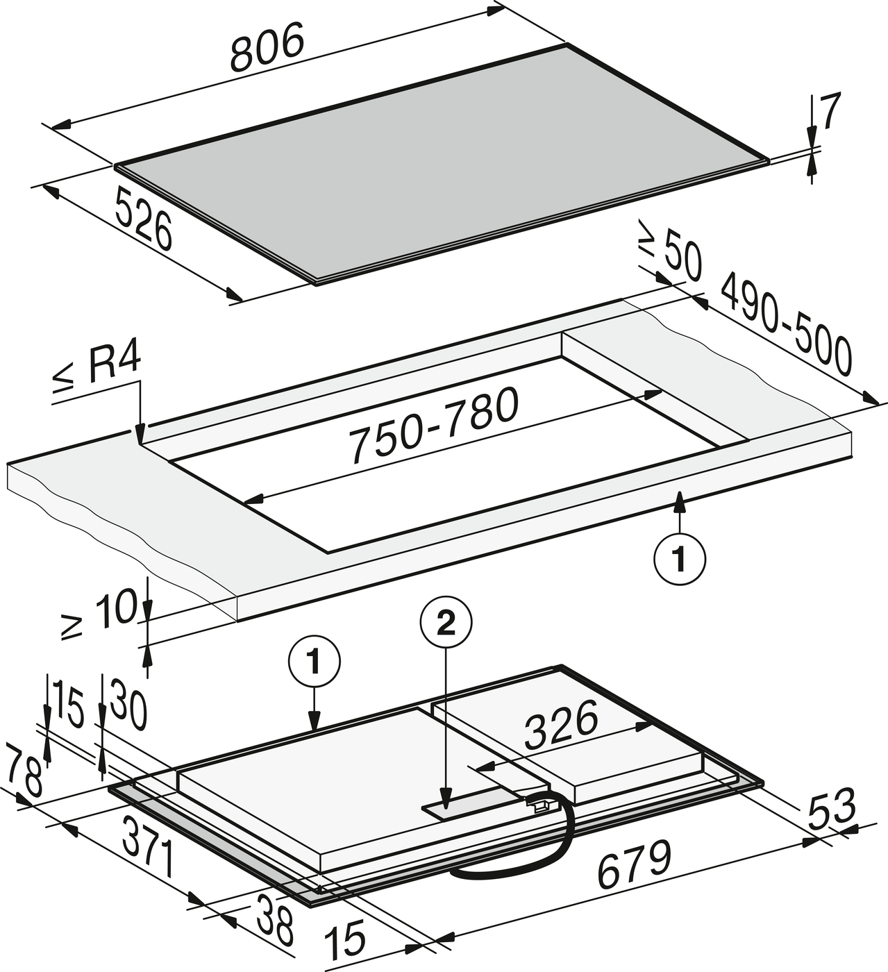 Exploded isometric diagram of a two-part rectangular assembly: a top panel and a base frame with an open cavity, showing overall sizes (top: about 806 mm by 526 mm, 7 mm thick) and the inner cavity (750–780 mm long by 490–500 mm wide) with a recessed lip and mounting clearance; also includes a power cable routed along the base.