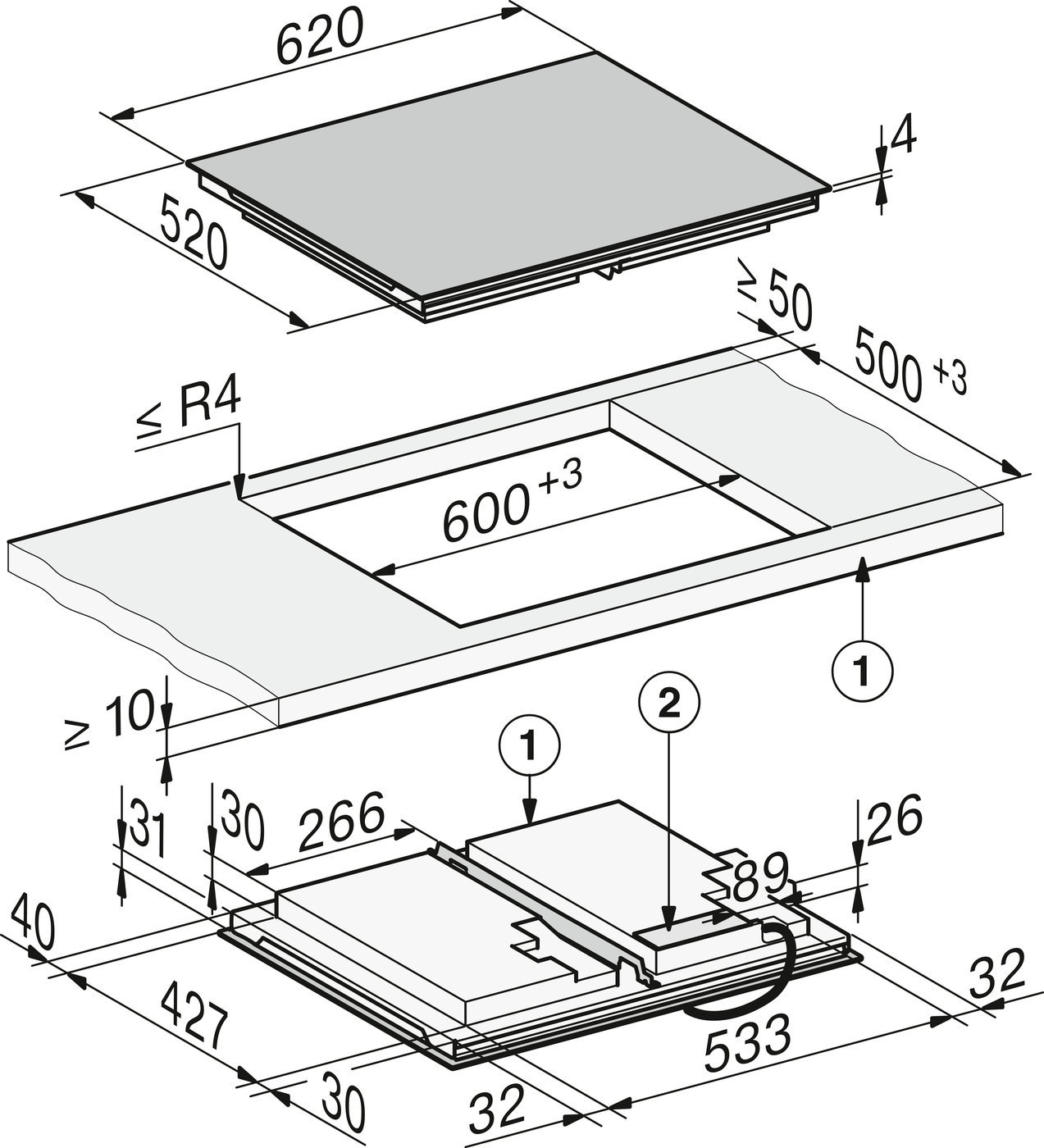 Exploded isometric view of a rectangular enclosure: a top plate (620 × 520 × 4) over a base tray (600 × 500) with a lip and gasket features.
